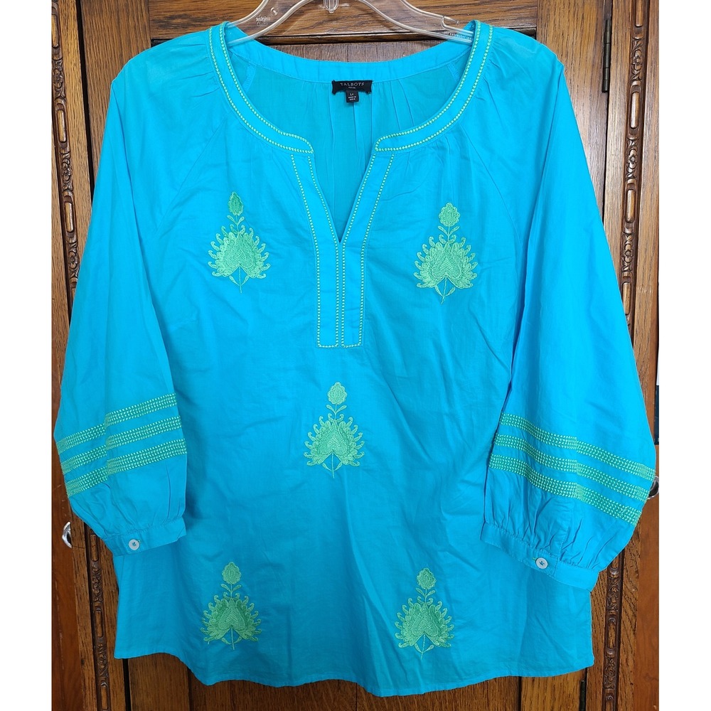 Talbots Petite Blue Cotton Embroidered Split Neck Blouse Top Turquoise LP